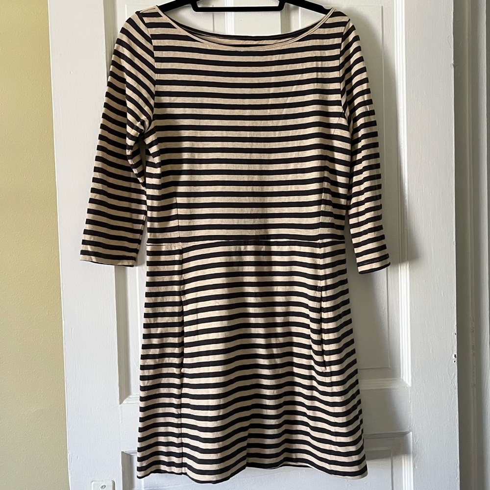 Rag & Bone Cream & Gray Horizontal Stripes Cotton Dress, Kangaroo Pocket…